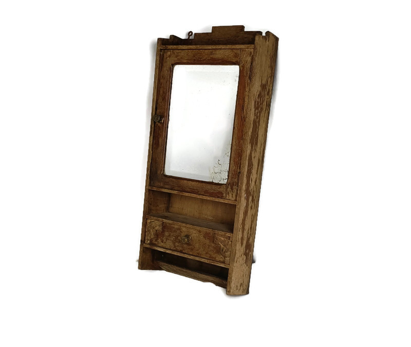 Medicine Apothecary cabinet wall hanging wood beveled glass mirror, antique