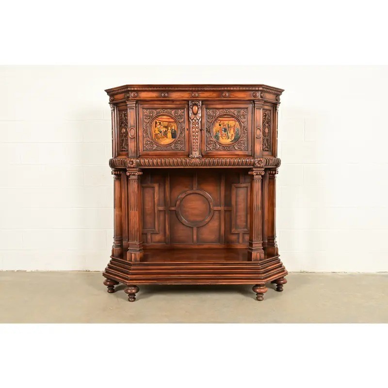 Antique French Renaissance Revival Ornate Carved Walnut Bar Cabinet, Circa 1890s