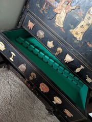 Antique Black Lacquered Wood Cabinet w/ Asian Motif, 2 Doors 2 Drawers 2ft