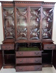 Antique Bubble Glass Mahogany Georgian Breakfront Writing Desk Cabinet Bookcase