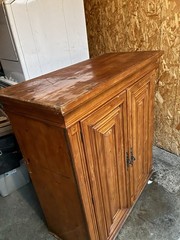 Antique Wooden Cabinet, Raised Panel Doors, Carvings, 48″ Tall, Two Doors