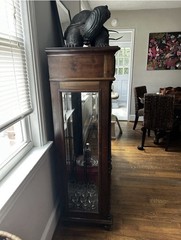 Antique Brown Wood Glass Display Cabinet with Drawers, Brass Handles, 56″ Tall