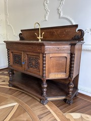 Antique Carved Wood & Brass Cabinet, 2 Doors/Drawer/Shelf, 26x65x38
