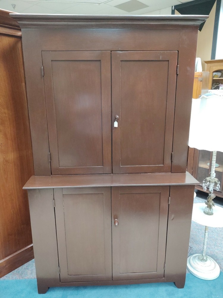 Antique Walnut Blind Door Stepback Cabinet Cupboard Hutch