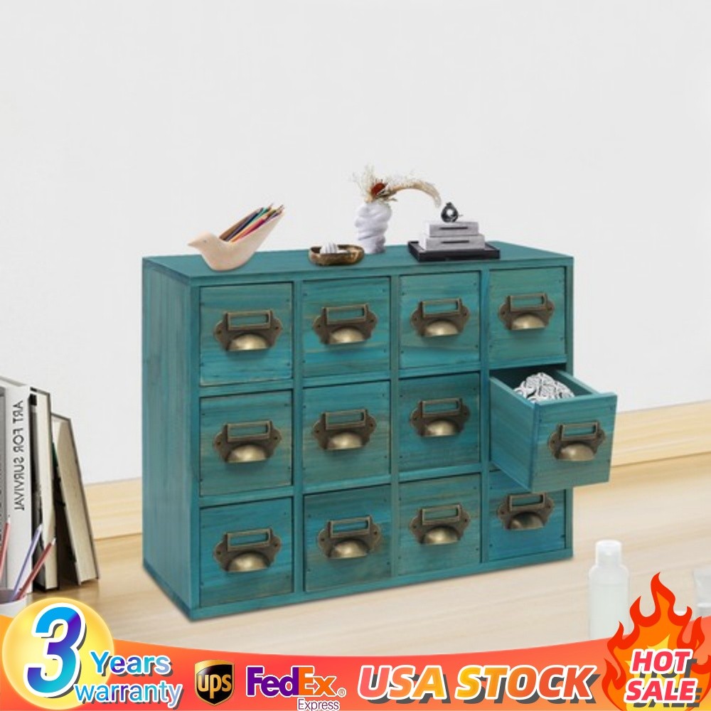 12 Drawers Vintage Tabletop Apothecary Storage Box Library Card Catalog Cabinet