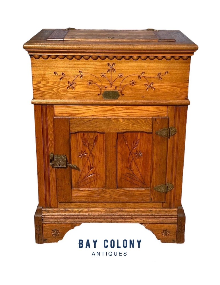 VICTORIAN OAK FLORAL CARVED ICE CHEST WITH ZINC LINING & PHOENIX HEAD HARDWARE