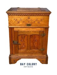 VICTORIAN OAK FLORAL CARVED ICE CHEST WITH ZINC LINING & PHOENIX HEAD HARDWARE