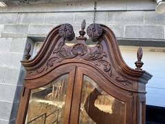 PAIR OF VICTORIAN OAK CHIPPENDALE BEVELED GLASS CORNER CHINA CABINETS