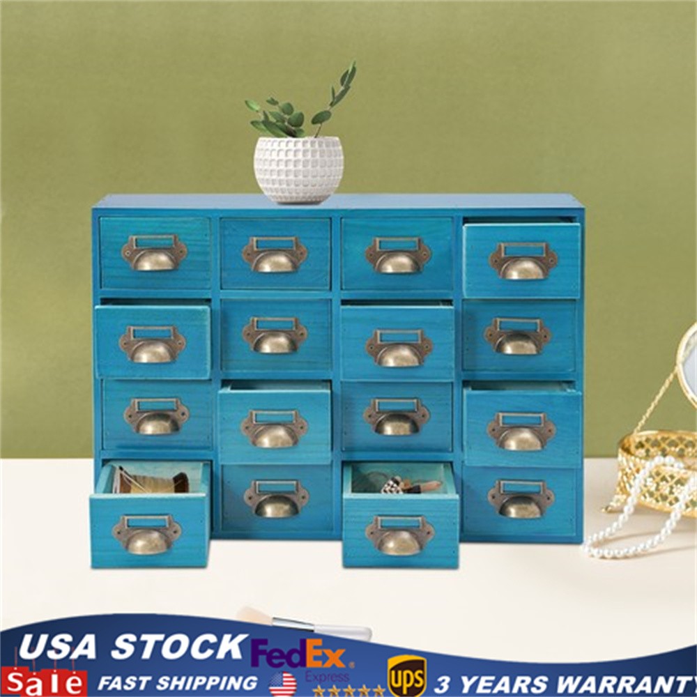 16 Drawers Vintage Tabletop Library Card Catalog Cabinet Apothecary Storage Box
