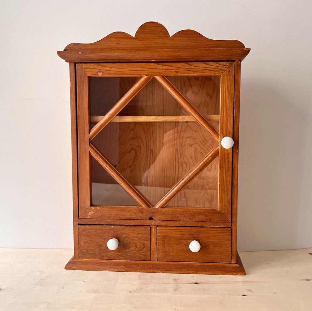 Vintage French wooden wall cabinet, 1950’s wall display case, mini glass chest