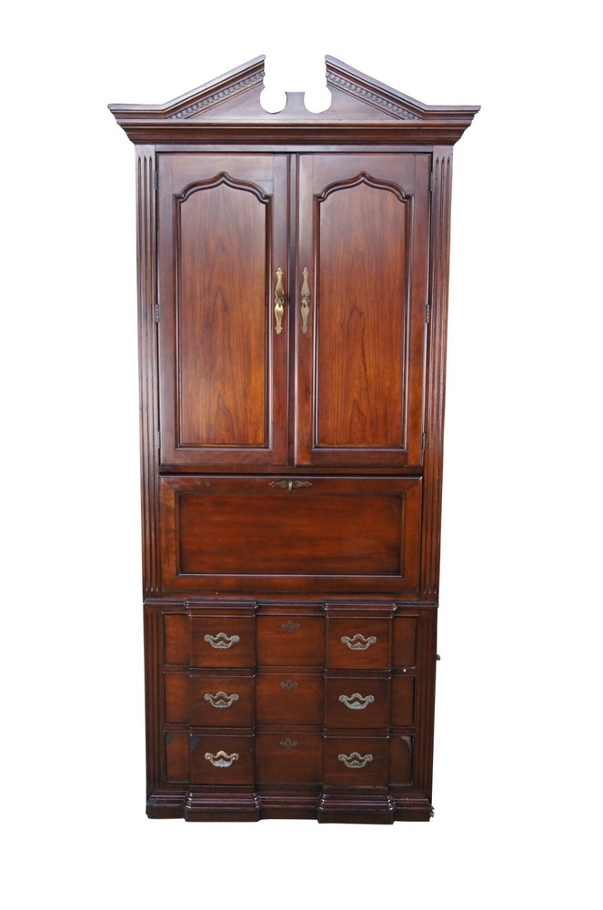 Vintage Thomasville Cherry Blockfront Secretary Bookcase Cabinet Dry Bar Cabinet