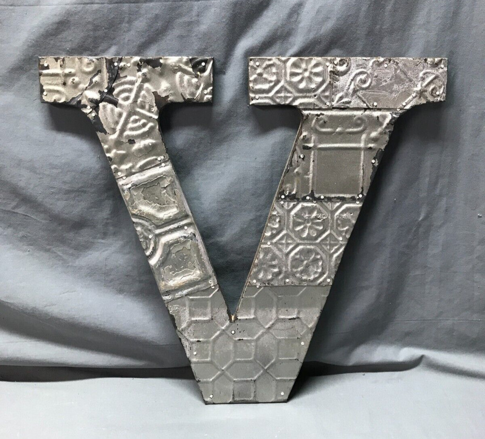 Decorative Salvage Tin Ceiling 16″ Patchwork Silver Metal VTG Letter V 215-25B