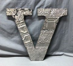 Decorative Salvage Tin Ceiling 16″ Patchwork Silver Metal VTG Letter V 215-25B