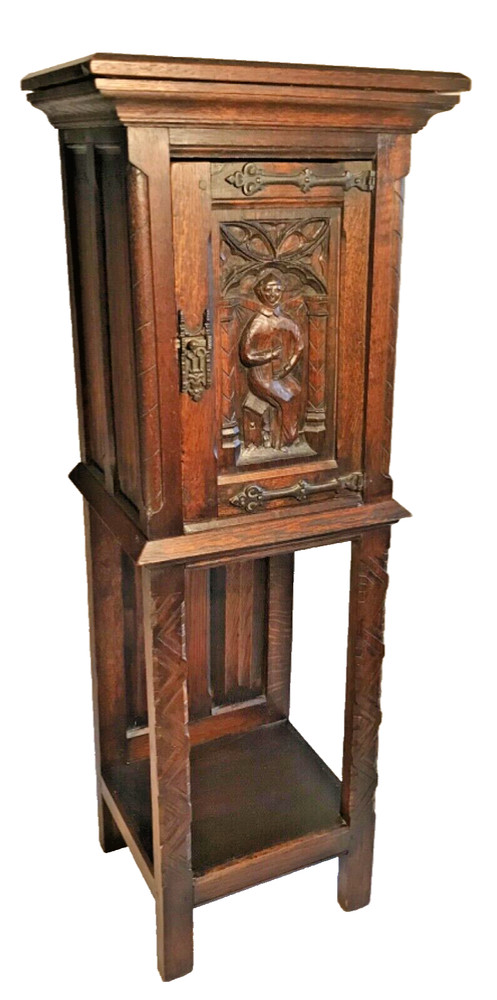 Antique French or Belgian Carved Oak Gothic Sacistry or Vestment Cabinet 51.5” H