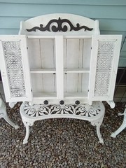 Vintg White Wood Medicine Wall Cabinet Hammered Decorative Tin Doors Oversized