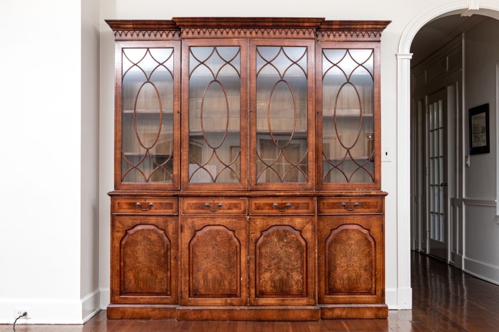 Antique Georgian Style Burl Wood Breakfront Cabinet
