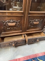 Large Antique Carved Walnut Lighted Display Cabinet Bookcase Library
