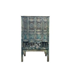 Vintage Distressed Teal Blue Oriental Carving Storage Cabinet ws4991