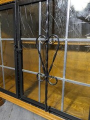 Antique Victorian Arts & Crafts Gothic Oak Cabinet Table with Glass Iron Doors