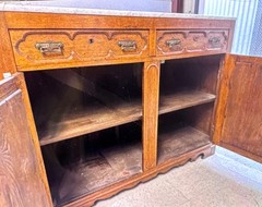 Antique Wooden Breakfront Cabinet with Mirror and Ornate Detailing
