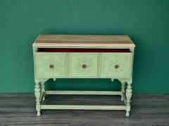 1940s Spanish Style Oak Console Cabinet, Green Console Table
