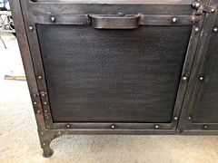 antique vintage industrial metal cabinet shelf workshop record storage iron