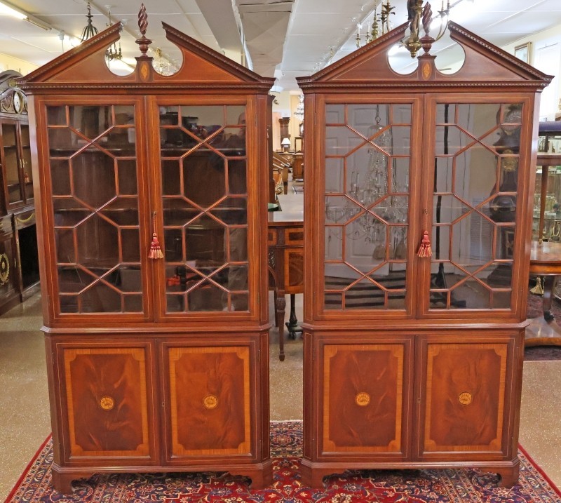 Pair of English Regency Style Mahogany Inlaid Corner Cabinets
