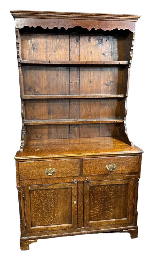 antique Georgian chippendale oak pewter cupboard cabinet 2pc fluted