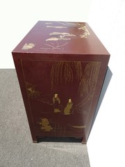 Vintage Chinese Asian Burgundy Lacquer Floral Chinoiserie Cabinet ~ Side Table