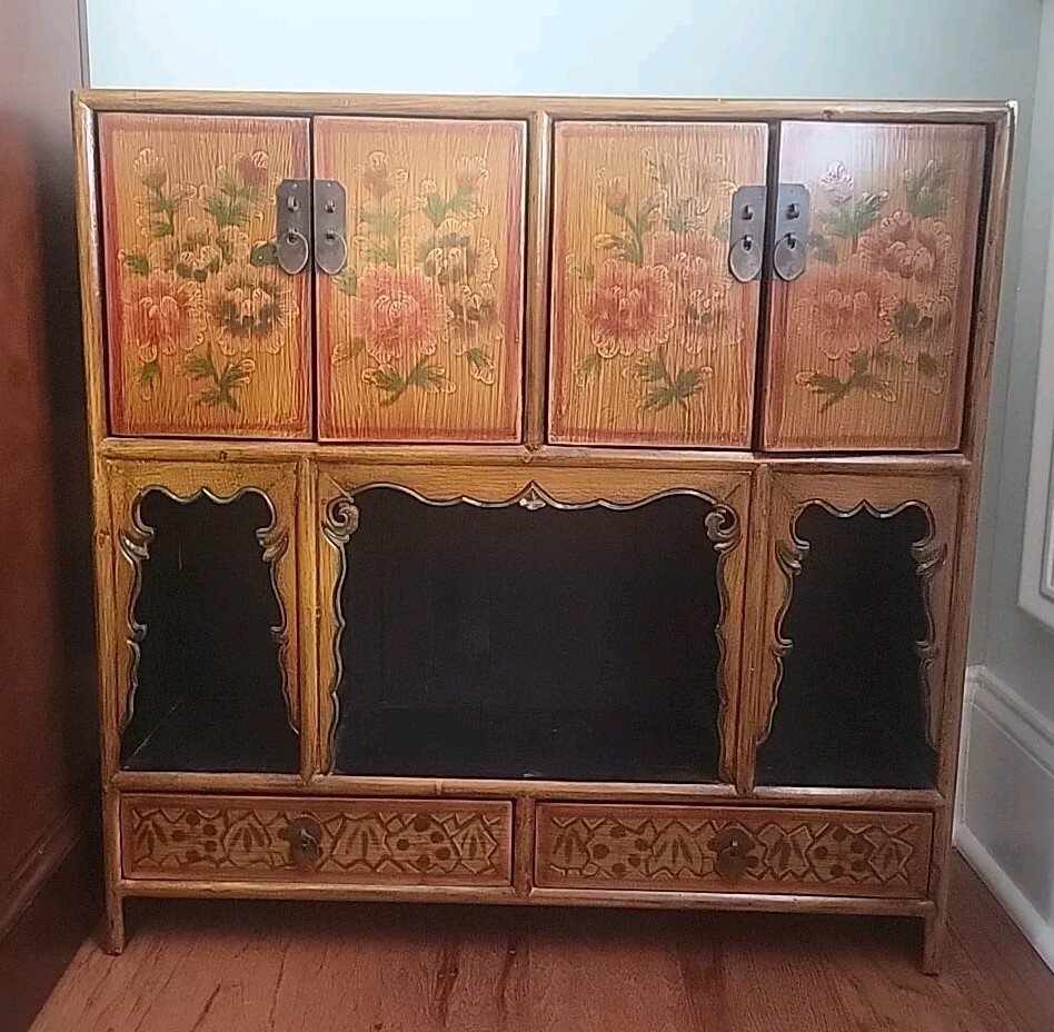 Antique Chinese Cabinet Armoire Lacquer Taborate Shandong Province Kuang Hsu