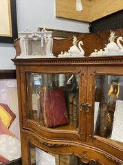 Antique Oak Display Corner Cabinet W/ Beveled Mirror, Serpentine Wave Glass