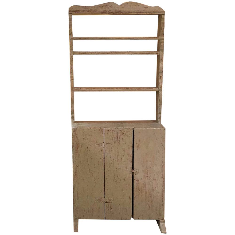 19th Century One-Piece Green Painted Stepback Cupboard with Single Door