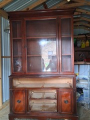 Antique Brown Wood Glass Fronted China Cabinet with Glass Doors and Storage