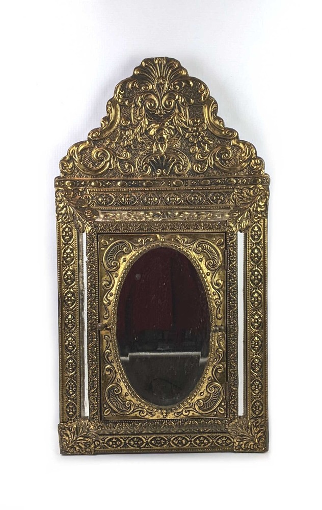 Antique Ornate Brushes Hammered Brass Mirrored Cabinet Shoe Shine Cabinet