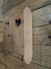 Vintage Wood Wall Shelf Curio Cabinet Door Pegs Heart Cutout Cottagecore Rustic