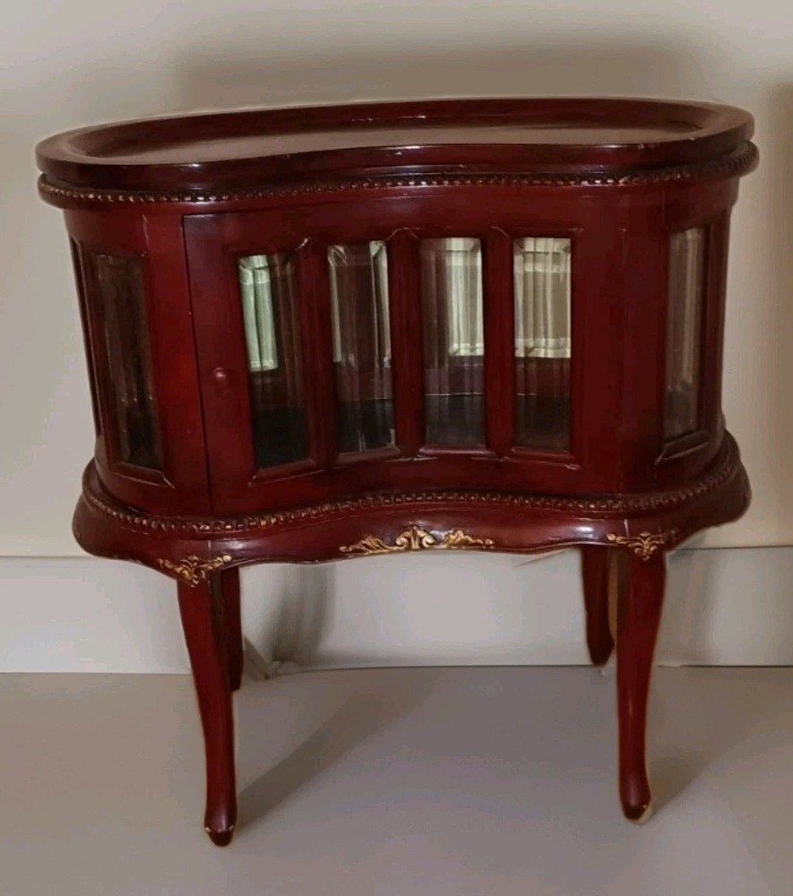 Vtg Bean Shaped Bar Liquor Curio Cabinet Table w Beveled Glass and Butler Tray