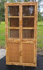 Vintage Unique Bohomain Wicker & Glass Display China Cabinet Etagere
