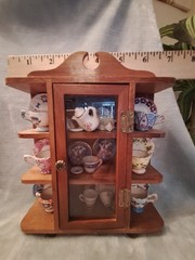 Antique Wood Mini Curio Cabinet Filled With Vintage Miniture Tea Cups & Saucers