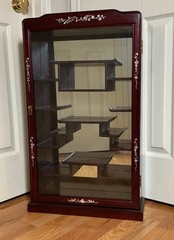 Chinese Carved Rosewood Mother of Pearl Wall Curio Display Cabinet w/Mirror Back