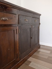 113.75″ Antique English Oak Shop Counter Kitchen Island Sideboard Cabinet Bar