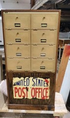 Vintage Post Office 8 Brass Boxes Metal/oak Cabinet Salsbury Sign