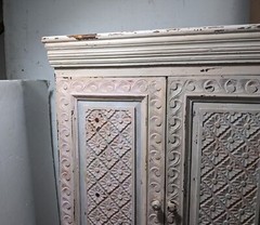 Vintage Shabby Chic Painted Floral Carved Wood Cabinet – Morrocan Indian Shelf