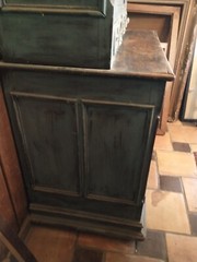 Antique Country Farmhouse Old Blue Milk Paint 2 Piece Step Back Cabinet Cupboard
