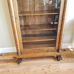 Antique Oak Bookcase China Cabinet – Single Door- Wavy Glass – Paw Feet