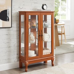 2 Door Curio Cabinet with Tempered Glass and Mirror, Lighted Display