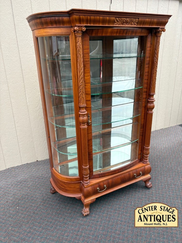 67624 Victorian Mahogany Bow Front Glass China Cabinet with Claw Feet