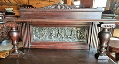 VICTORIAN OAK CABINET W FIGURAL BRASS PANELS
