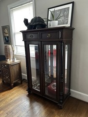 Antique Brown Wood Glass Display Cabinet with Drawers, Brass Handles, 56″ Tall