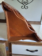 Vtg. corner cupboard with distinctive scalloped cutouts – 3 Tier – Oak In Color