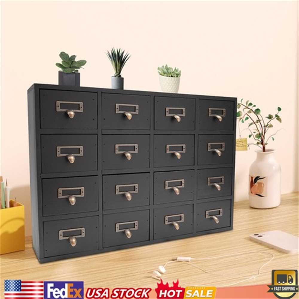 Wooden 16 Drawers Storage Box Desktop Card Catalog Organizer Apothecary Cabinet